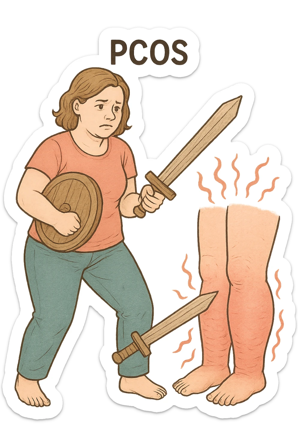 vertical format medical illustration of a woman with PCOS fighting her swollen legs, clear and expressive, focus on medical educational style, no background sticker