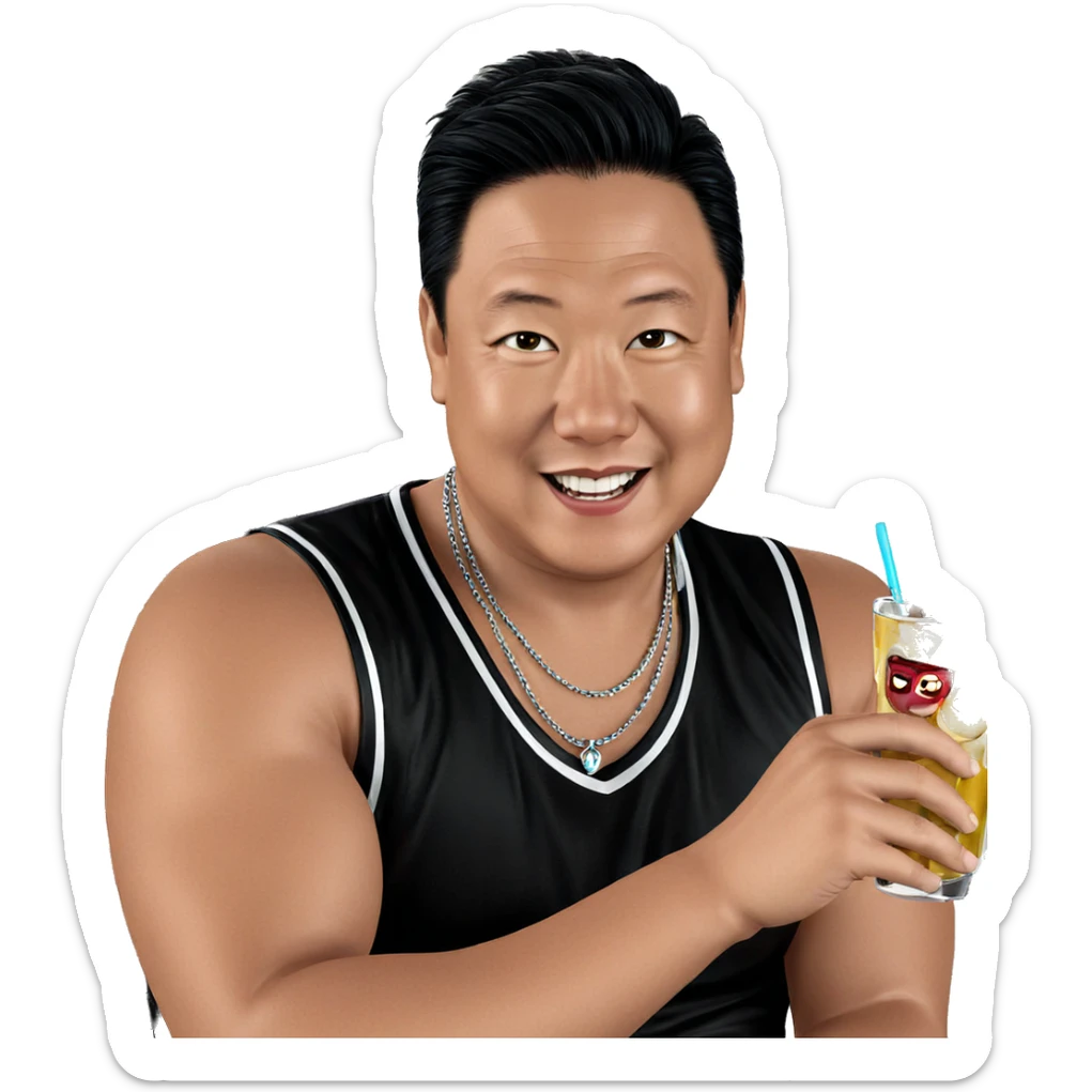 smiling boy with drink and necklace sticker