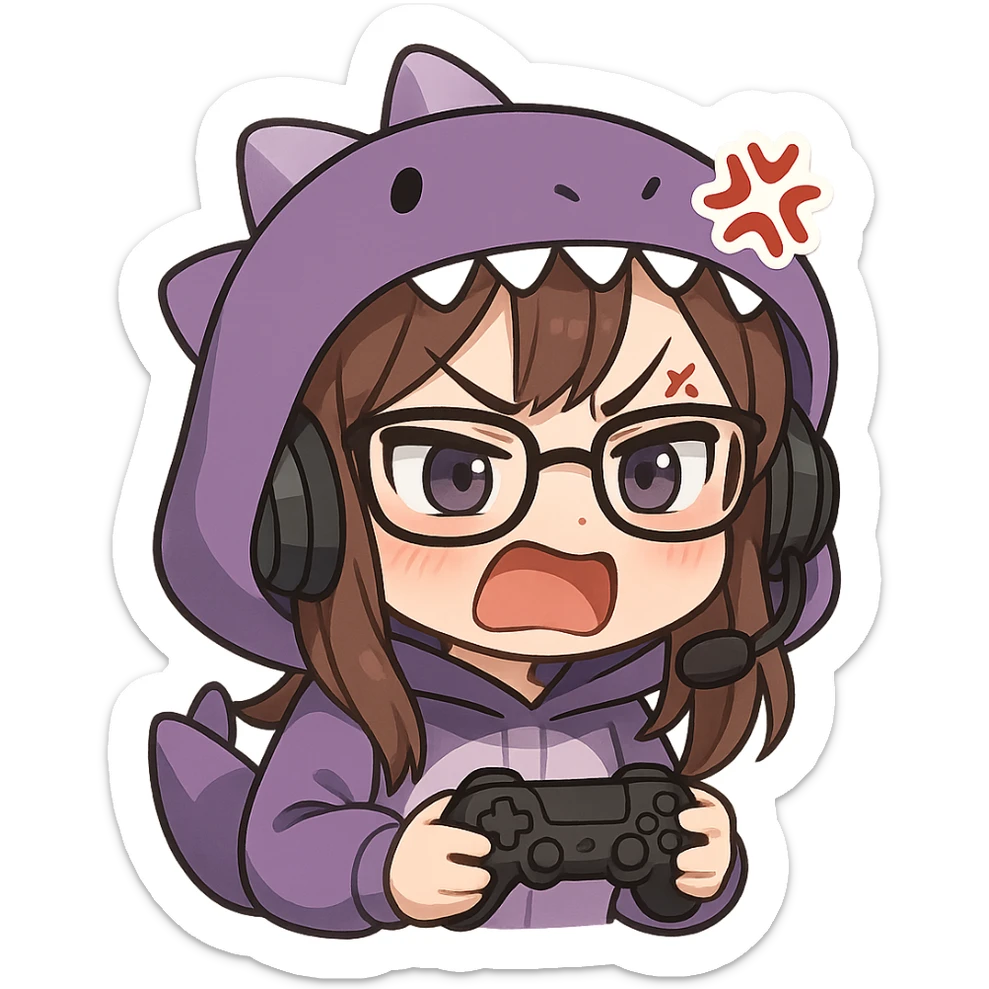 chibi anime style gamer girl with glasses, brown hair, dark purple eyes, wearing a purple dinosaur costume, rage emote sticker