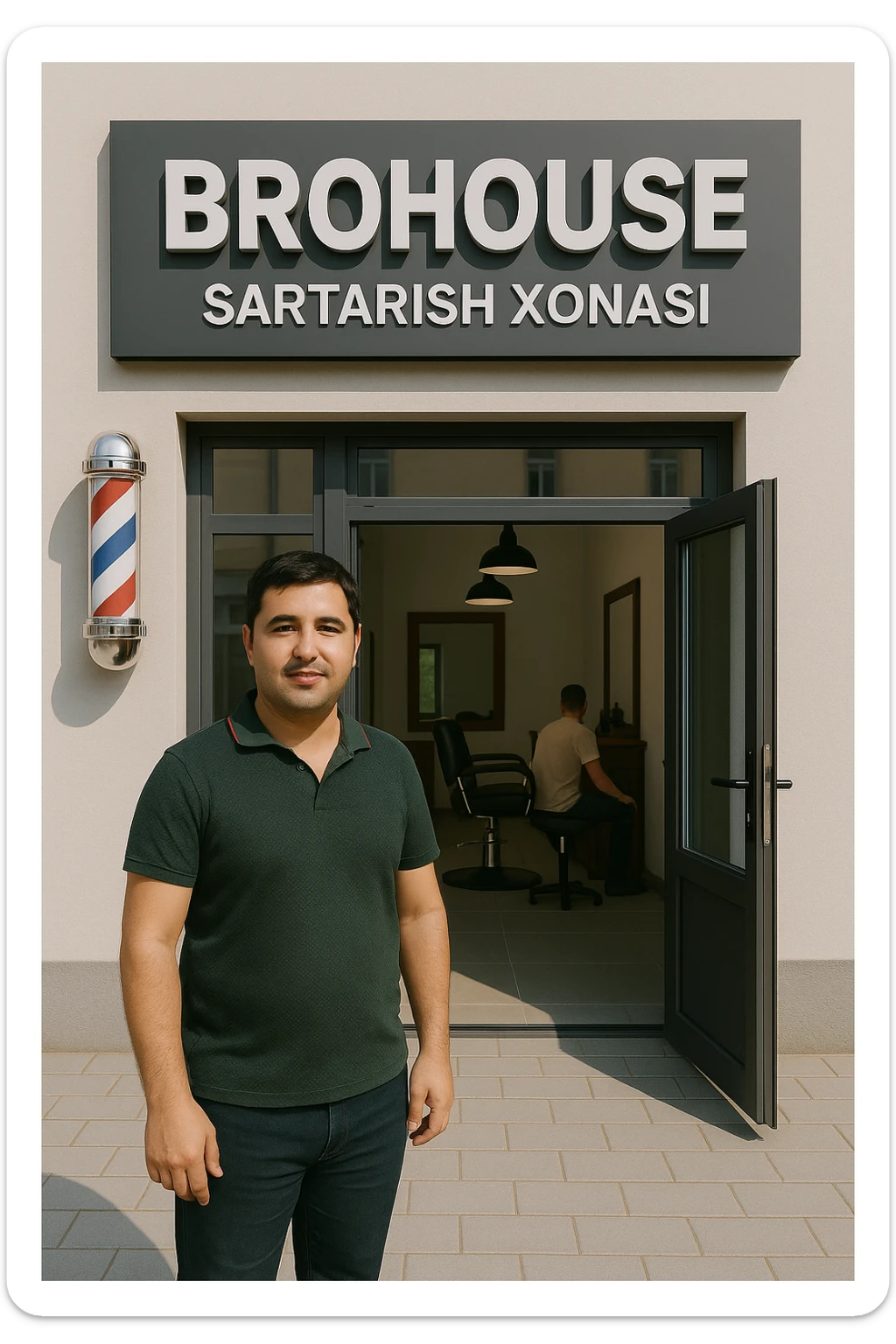 eni shu rasimga manashu odamga uxhshasin sartaosh eshik oldida tursin va tashqarida esa mijoz sticker