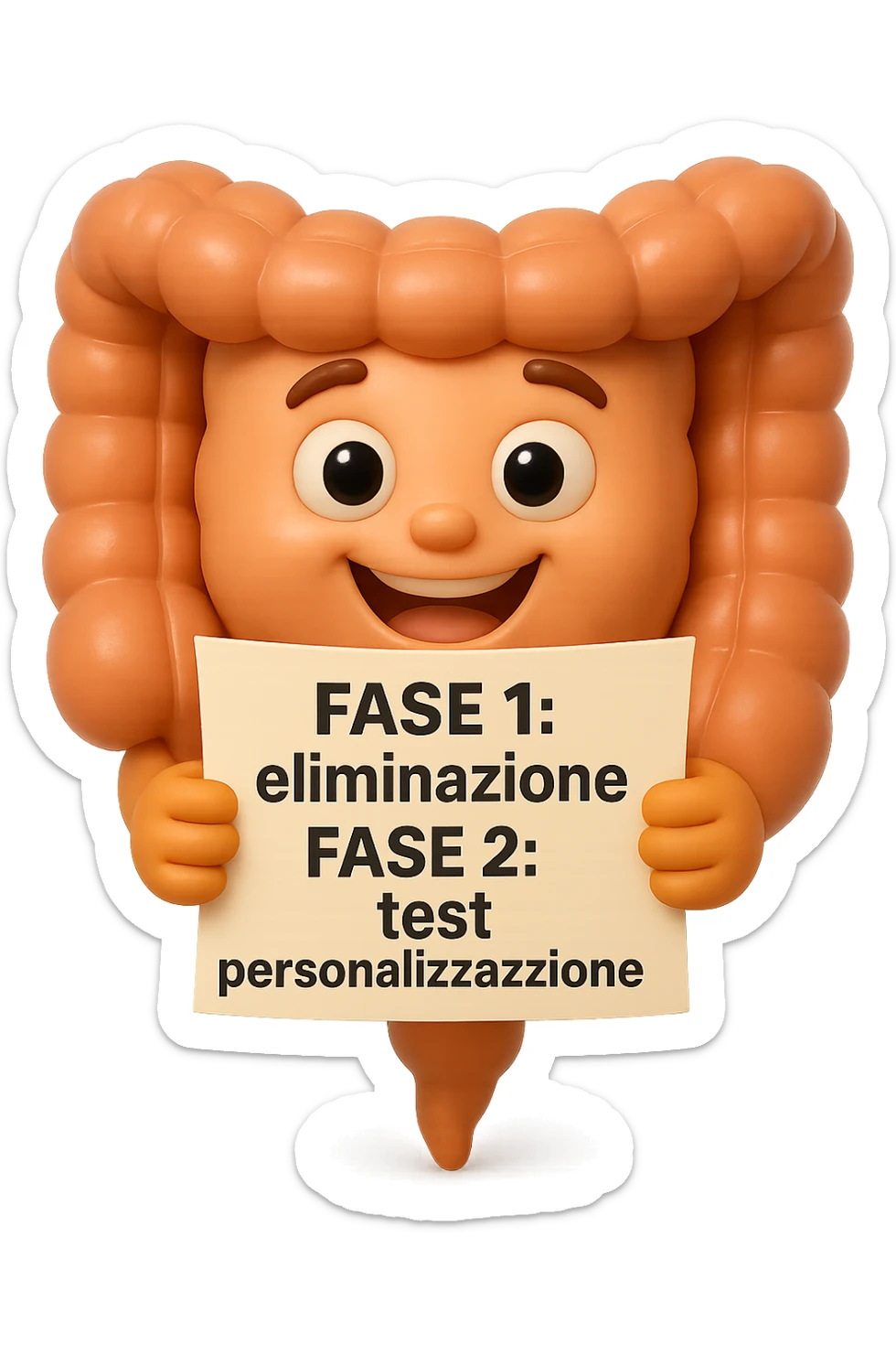 emoji stile iphone 3d di un intestino che tiene in mano un foglio con la scritta "FASE 1: eliminazione, FASE 2: test, FASE 3: personalizzazione, IPERREALISTICO 4K sticker