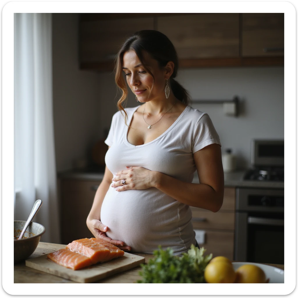 realistic pregnant woman in 4K cooking at home, setting aside raw salmon and choosing well-cooked fish instead, serene and protective expression sticker