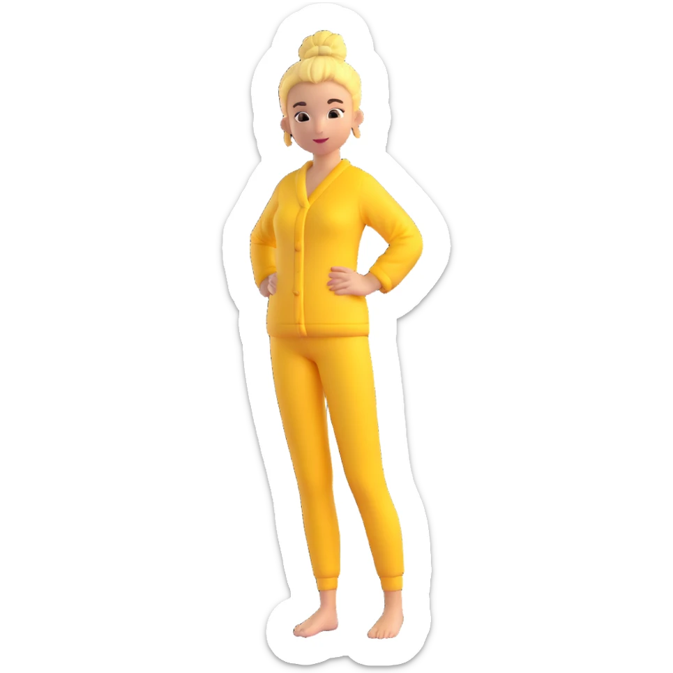 woman standing, wearing yellow pajamas, hair in a bun, full body sticker
