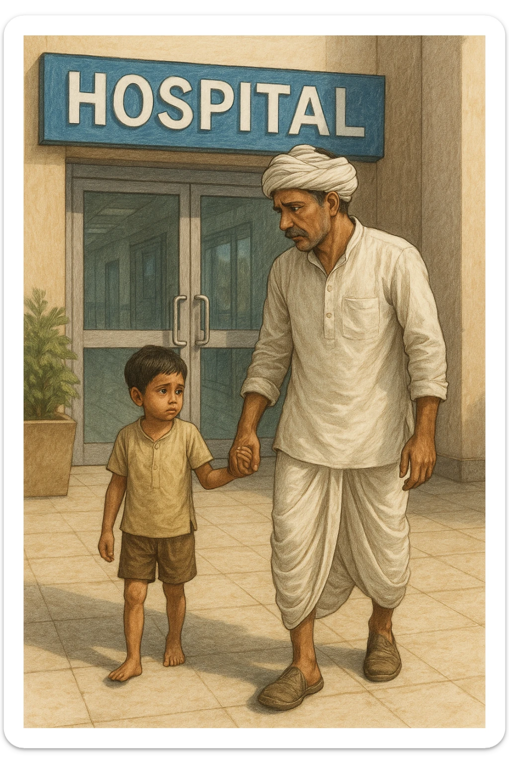 An Indian farmer wearing a dhoti, holding the hand of his 4-year-old child, walking into a hospital for a checkup due to nutrient deficiency, caring expression, hospital entrance visible, detailed illustration sticker