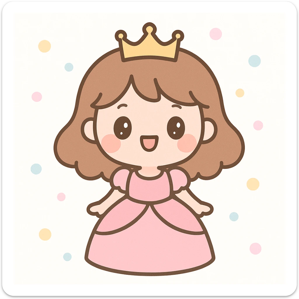 young princess in a pink dress, tiara on her head, smiling, kawaii style sticker