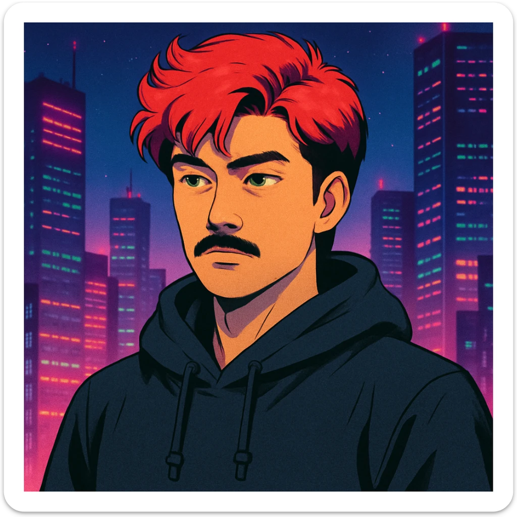 Asian man with black mustache, red hair, black hoodie, in retro-futuristic 80's anime style, city lights background sticker