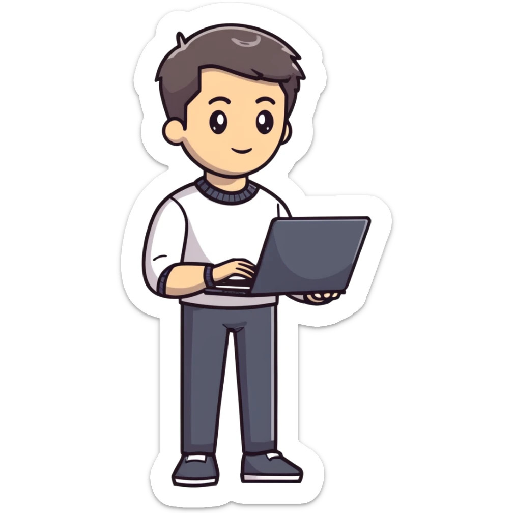 full body male teacher with attractive handsome face and stylish modern haircut in casual clothes holding a laptop sticker