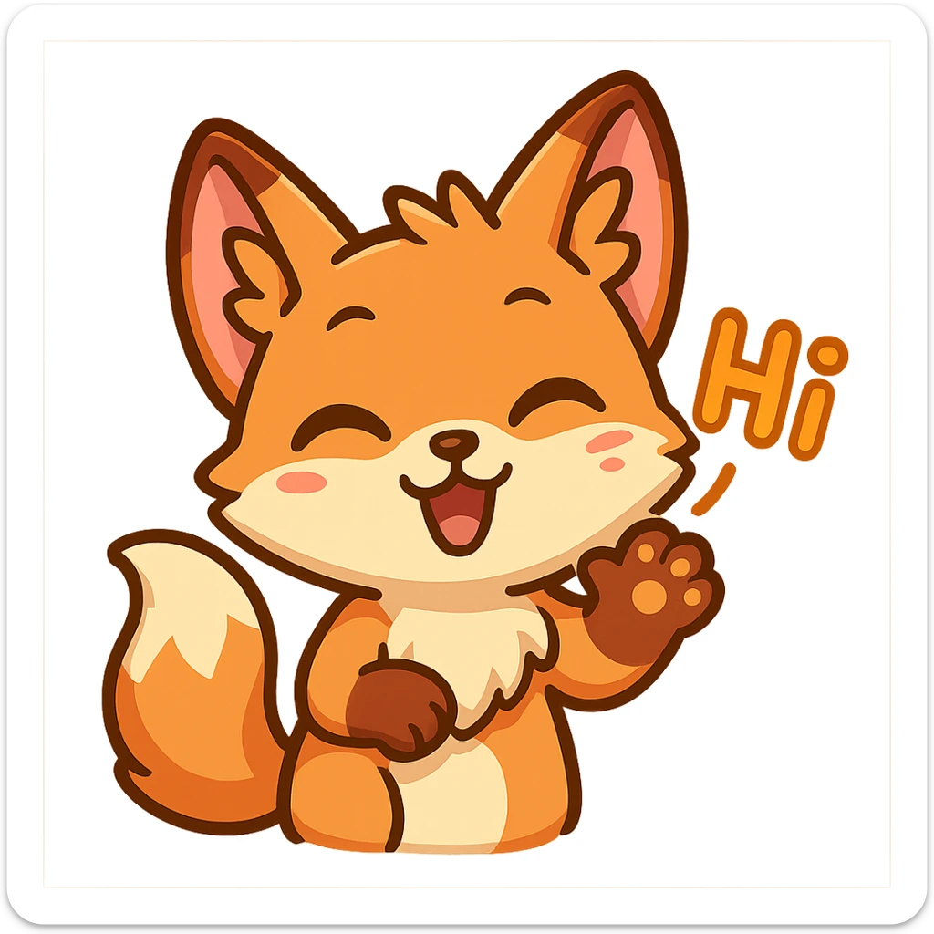 cute and expressive fox emote for twitch saying Hi, vibrant and playful style sticker