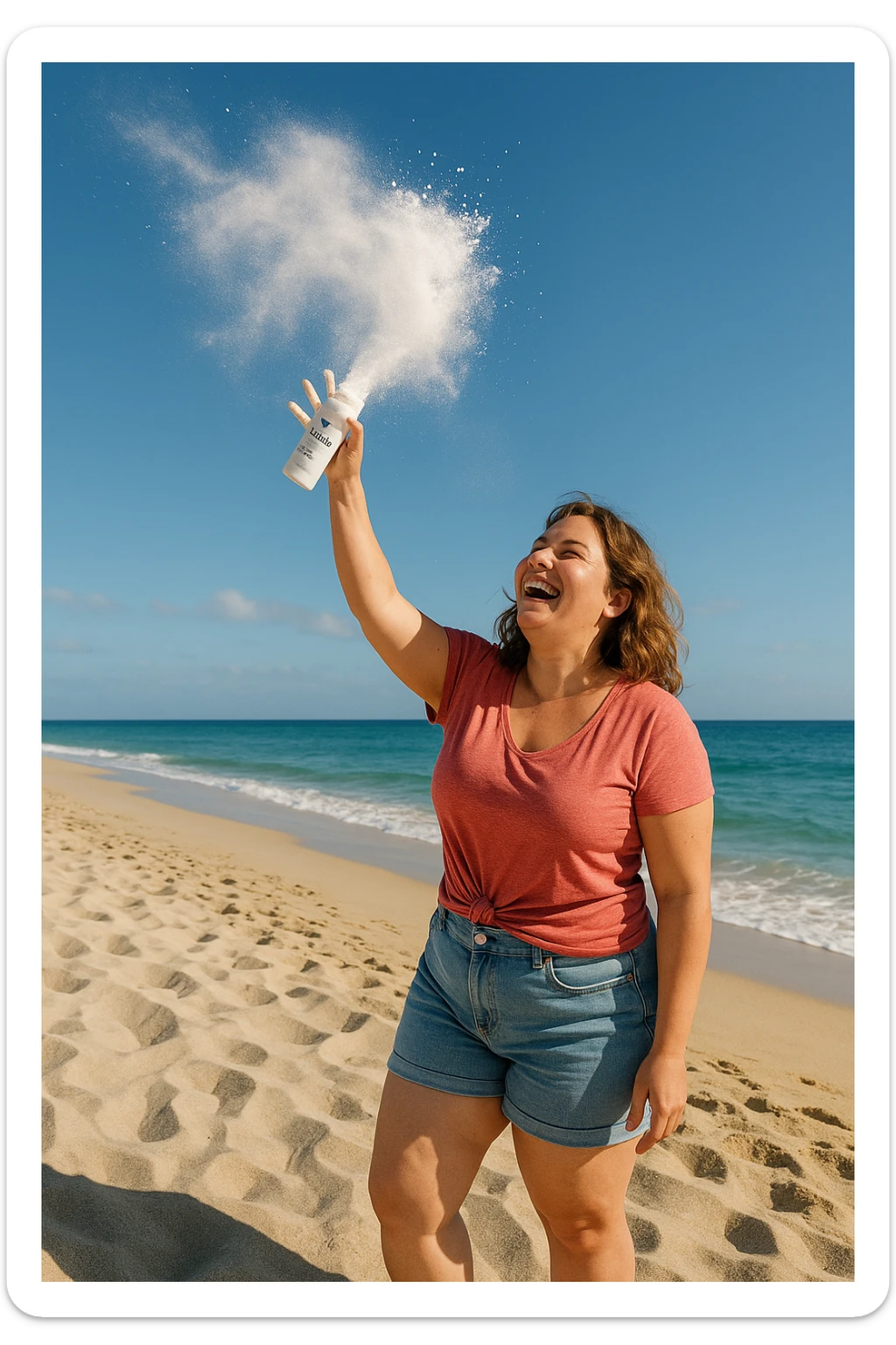 Donna in spiaggia che butta il borotalco italiano, la donna è intorno ai 66kg sticker