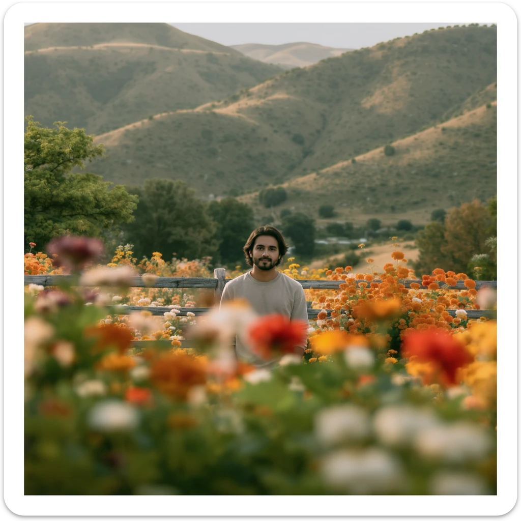 A portrait of a person in the foreground, blurred plants in the foreground, a wooden fence and colorfull flowers in the midground, rolling hills in the background, cinematic depth of field, layered composition, natural lighting sticker