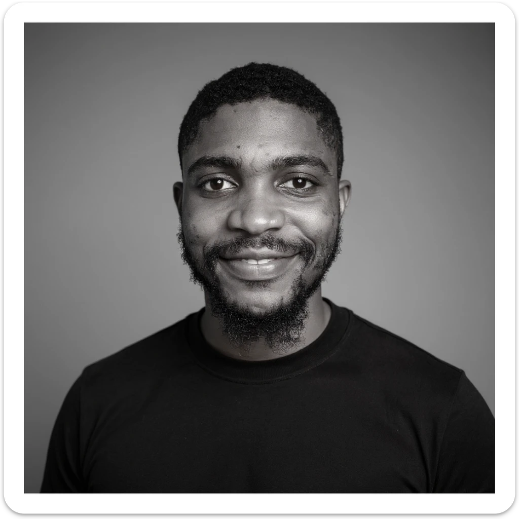 A professional portrait of me in monochrome. Plain black crew neck shirt. Tailored to LinkedIn. Tech boy vibe (programmer). I’m a black man from Nigeria. Retain facial features from attached image. sticker