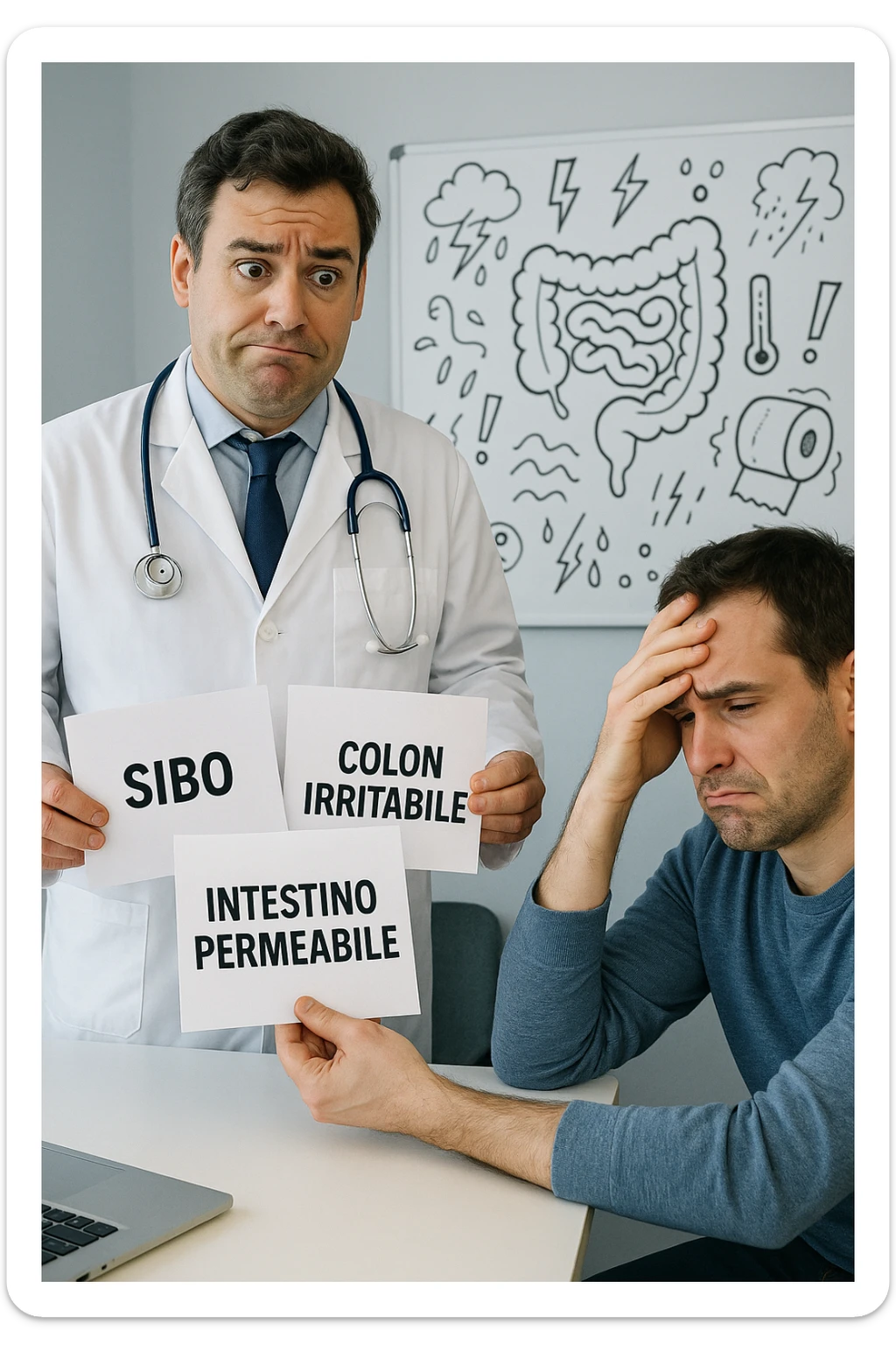 Scena clinica con un medico confuso in camice bianco davanti a un paziente seduto. Il medico ha tre fogli in mano, e li mostra uno alla volta con espressione incerta: il primo dice 'SIBO', il secondo 'Colon Irritabile', il terzo 'Intestino Permeabile'. Il paziente ha un’espressione confusa e scoraggiata, con una mano sulla fronte. Sullo sfondo una lavagna caotica con disegni di intestino e sintomi ovunque. Stile realistico con tocchi ironici, toni freddi da ambulatorio ma con un messaggio visivo forte di incertezza diagnostica. in italiano sticker