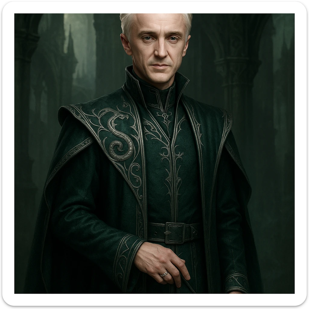 mature Draco Malfoy, 37 years old, Slytherin vibe, elegant robes, fantasy style sticker