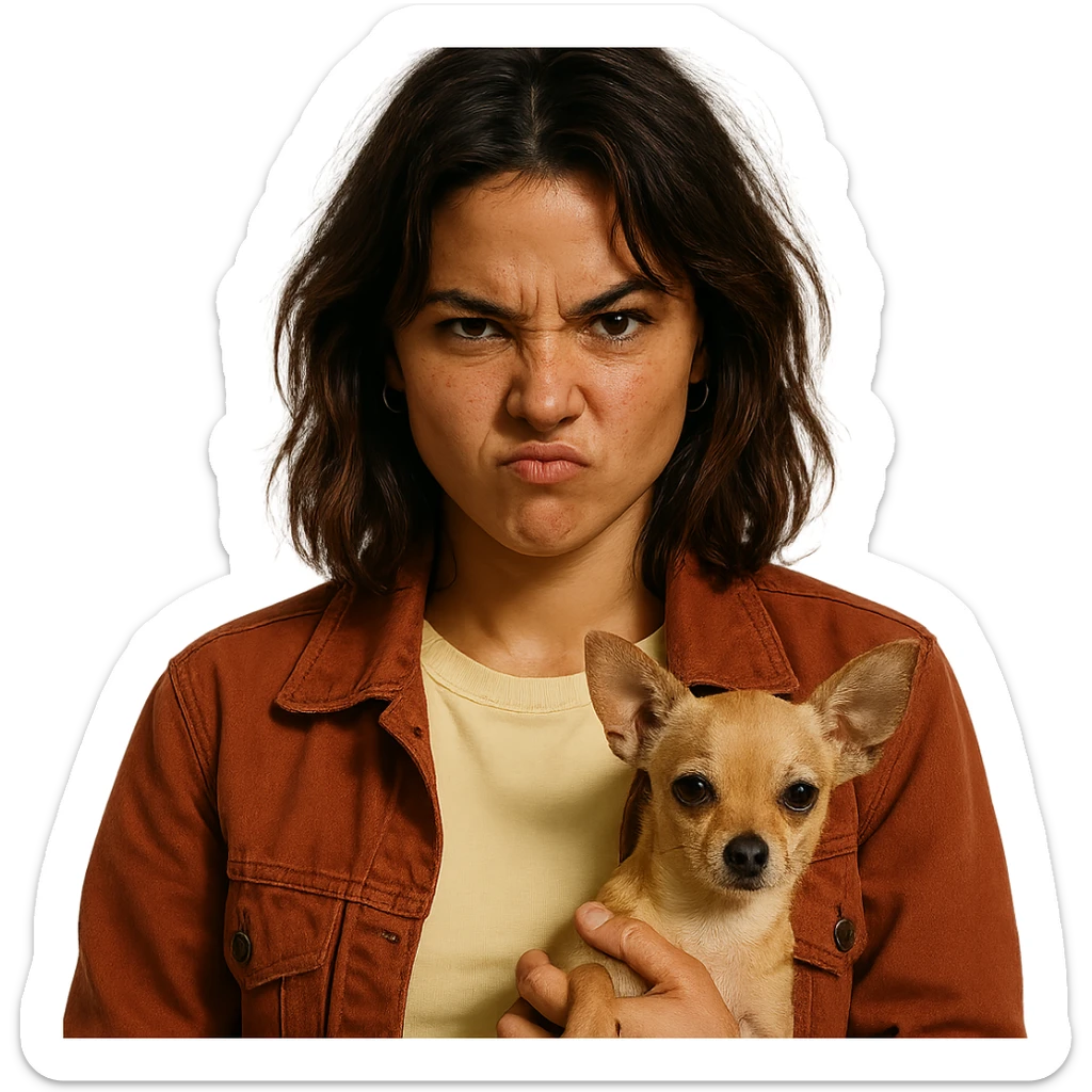 portrait of a woman with tanned skin, subtle freckles, wearing a pale yellow shirt (#FFF8CA) and rust-colored jacket, medium-length brown hair with auburn highlights, rebellious and playful expression, holding a beige-brown chihuahua, transparent background, Netflix series style sticker