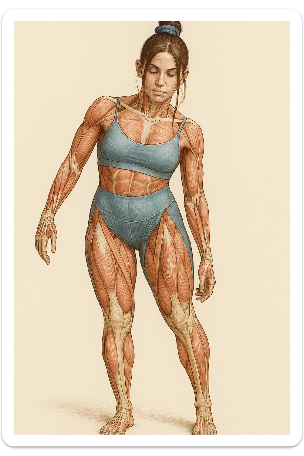 A realistic medical style illustration of a woman in sportswear with an asymmetric posture, showing visible muscles and bones, neutral background, vertical format. sticker