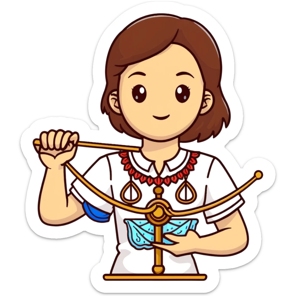 A Ukrainian girl with brown hair in an embroidered shirt holds the scales of truth in her hand sticker