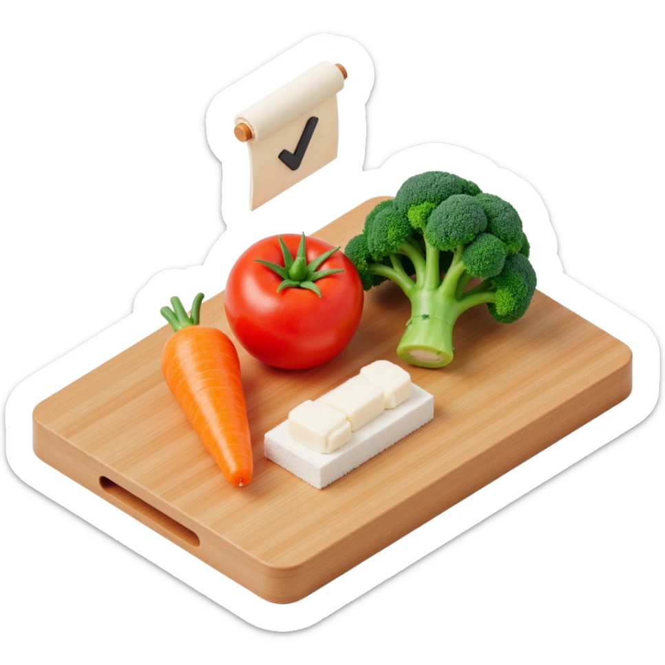carrot tomato brocoli on the wooden cutting board with floating rolled paper list with checkbox sticker