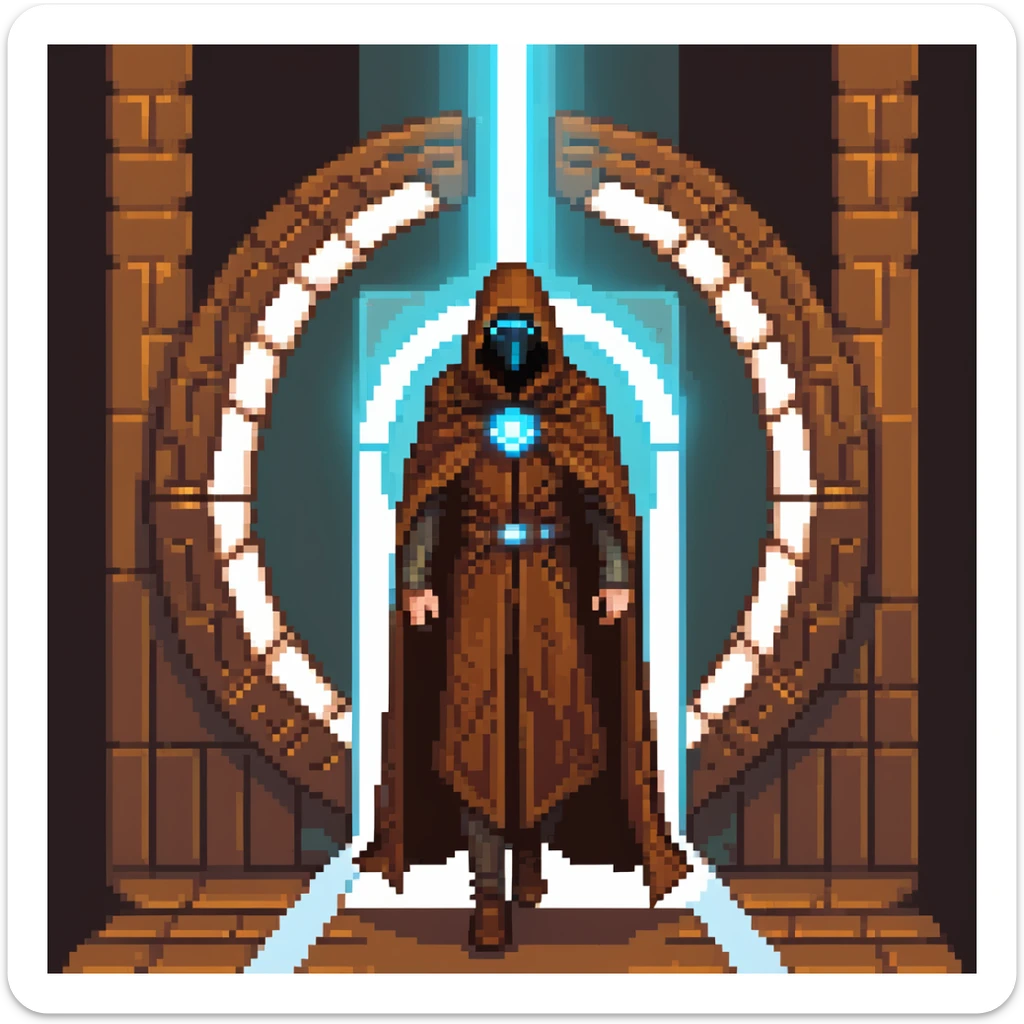 A mysterious man with a brown cloak and futuristic high-tech mask stepping out of a glowing portal sticker