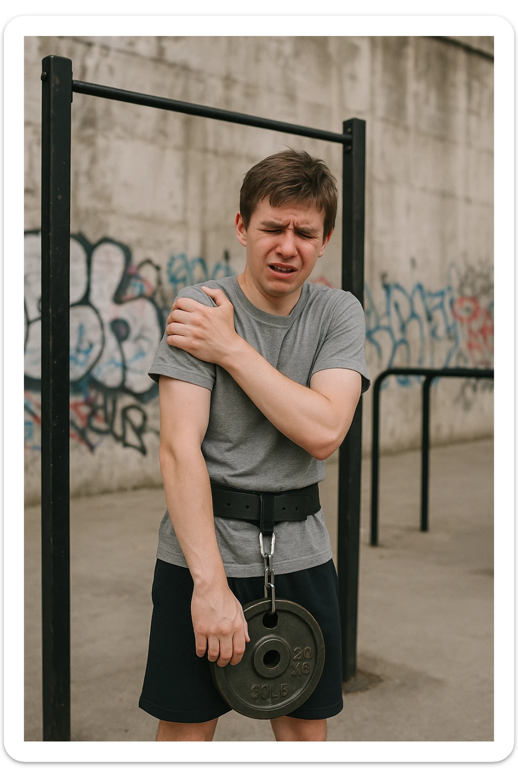 Giovane atleta neofita, fisico normale e non ancora sviluppato, si allena per la prima volta in uno spazio urbano per streetlifting: sbarra per trazioni, parallele, e pesi appesi alla cintura. Ma si è infortunato perchè non faceva le cose con la giusta tecnica. sticker
