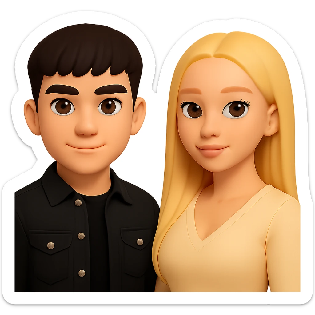 Slightly increase the volume of the upper body of the girl, separate the girl and the boy from each other, make the skin color the same for both. Maintain the cartoon style. Keep the background transparent. sticker