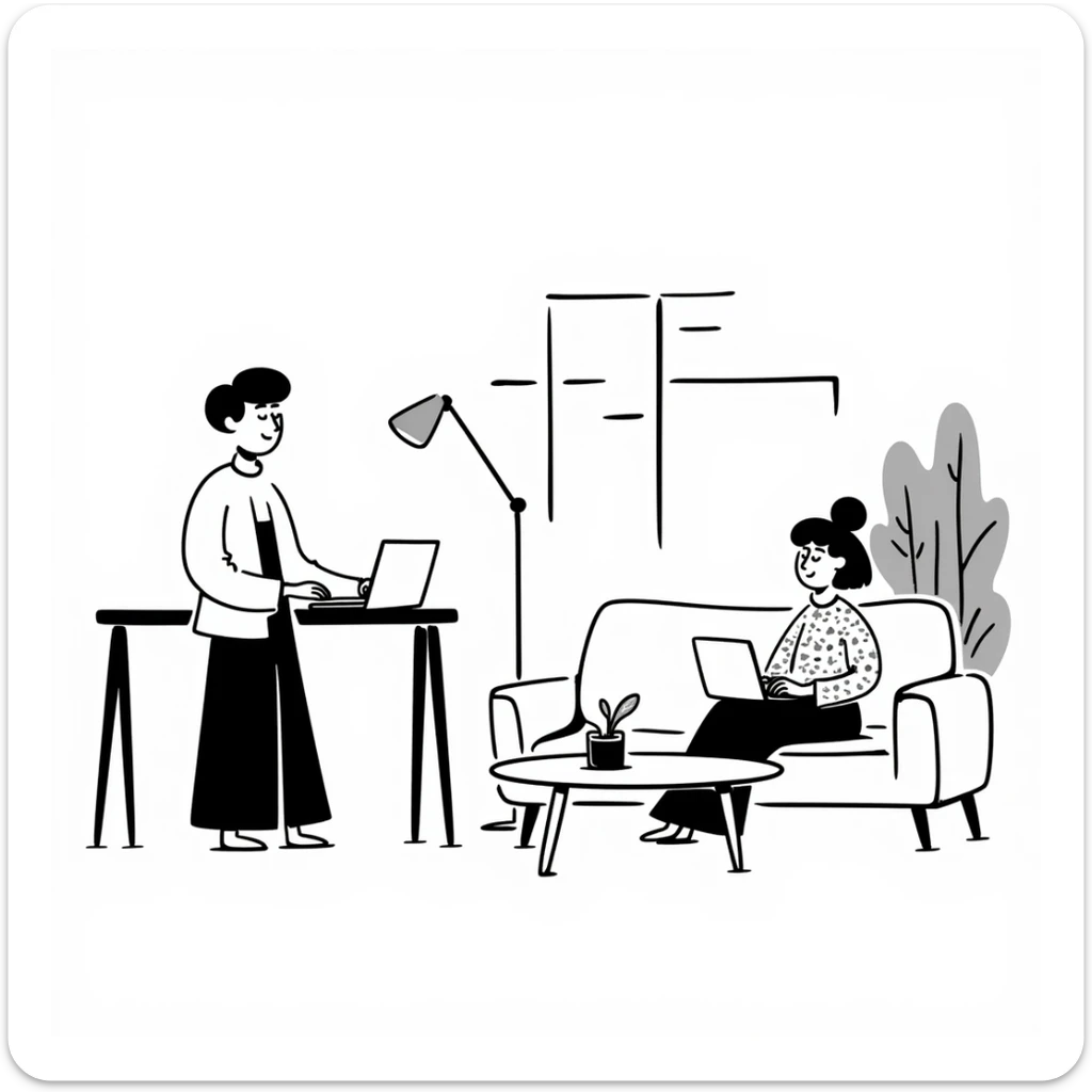 escenary 3d of a cozy mid-century living room with two people working on laptops, one man standing at a desk, and one woman sitting on a couch sticker