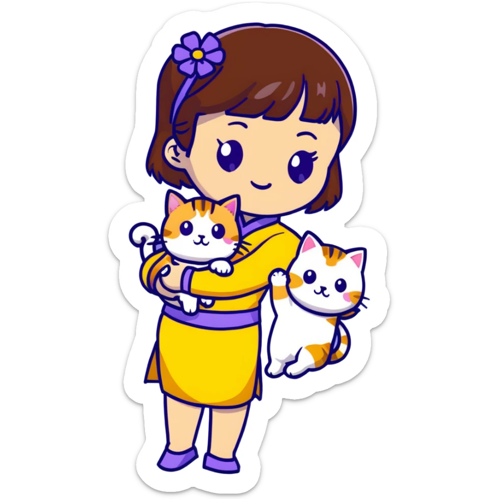 girl with brown hair and bangs wearing yellow qipao with gray tabby cat sticker