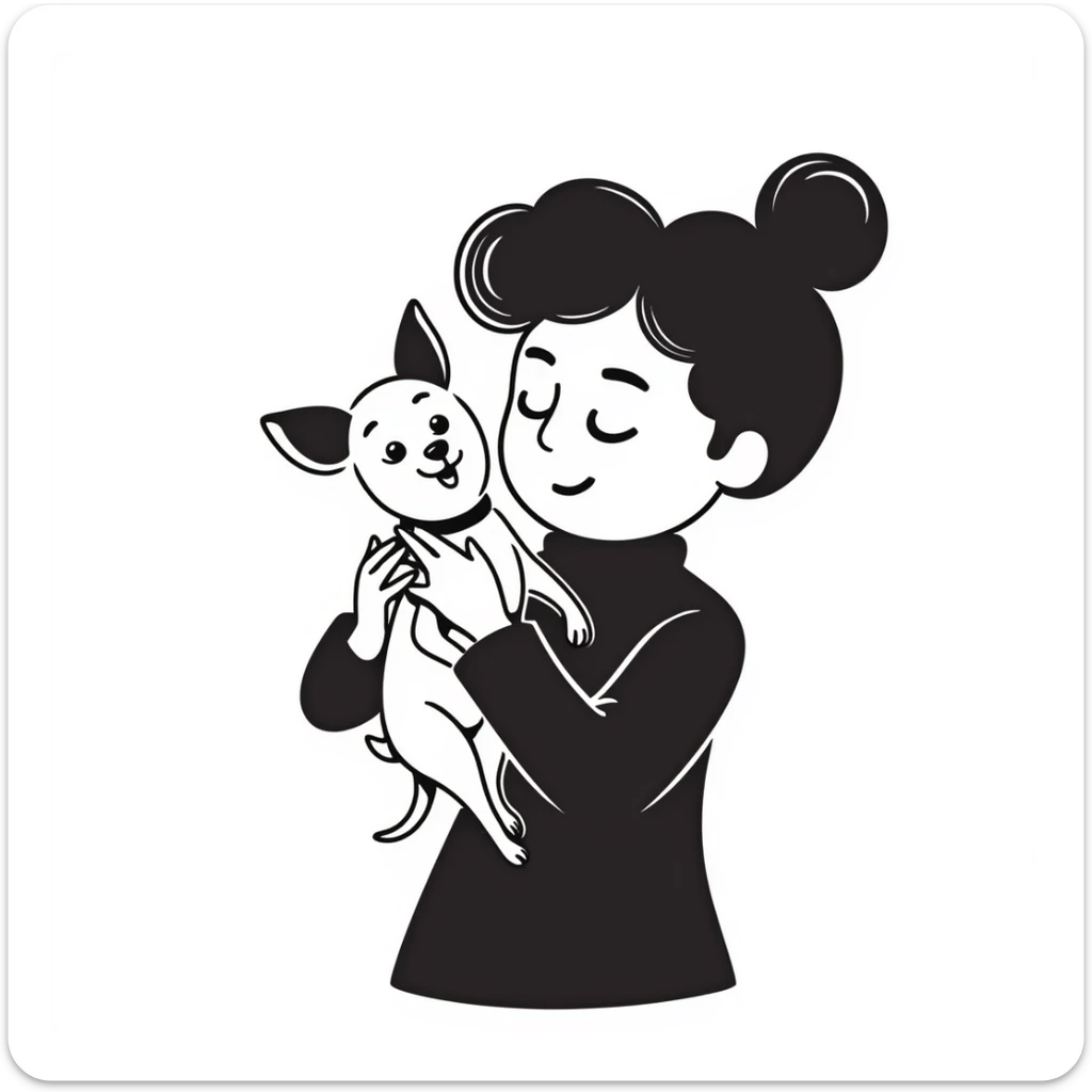 white girl with curly brown hair holding a chihuahua puppy sticker