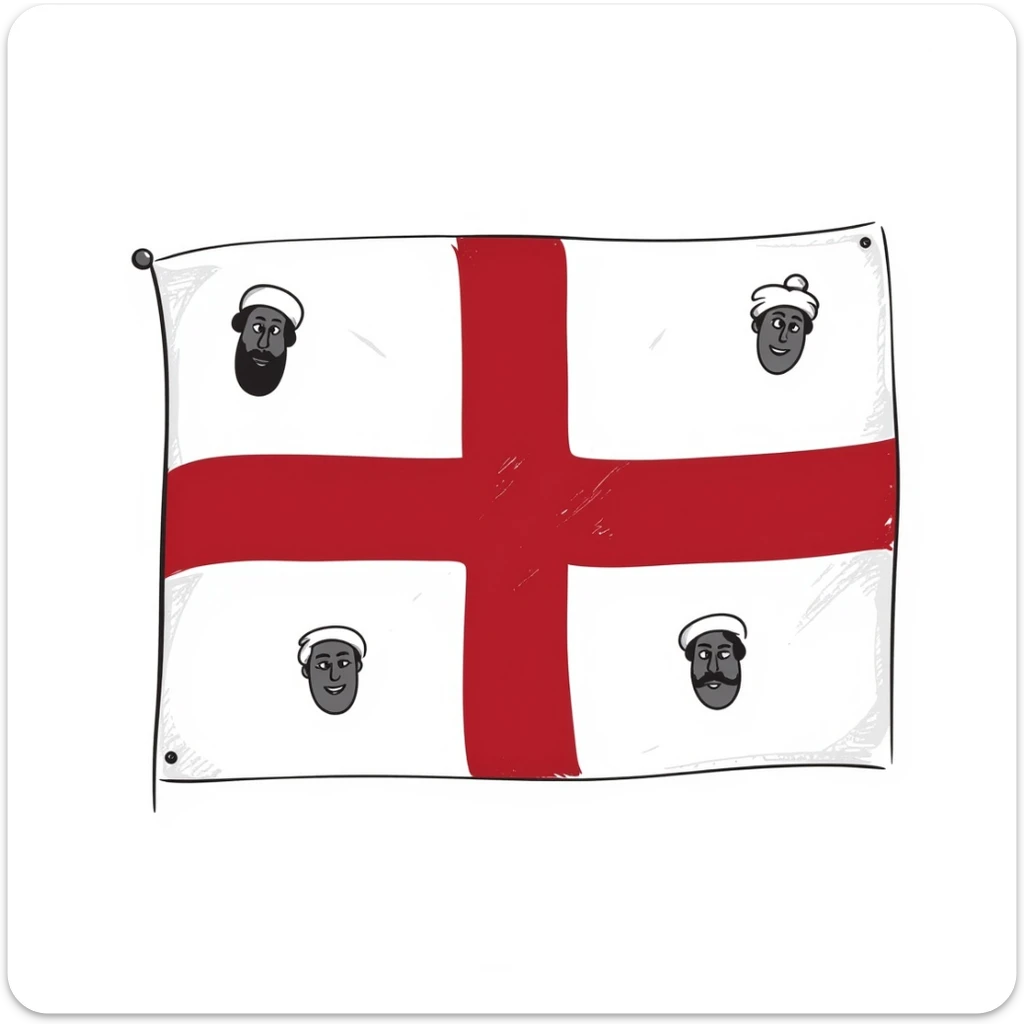 hand-drawn sketch of the flag of Sardinia with a red cross and four Moors' heads sticker
