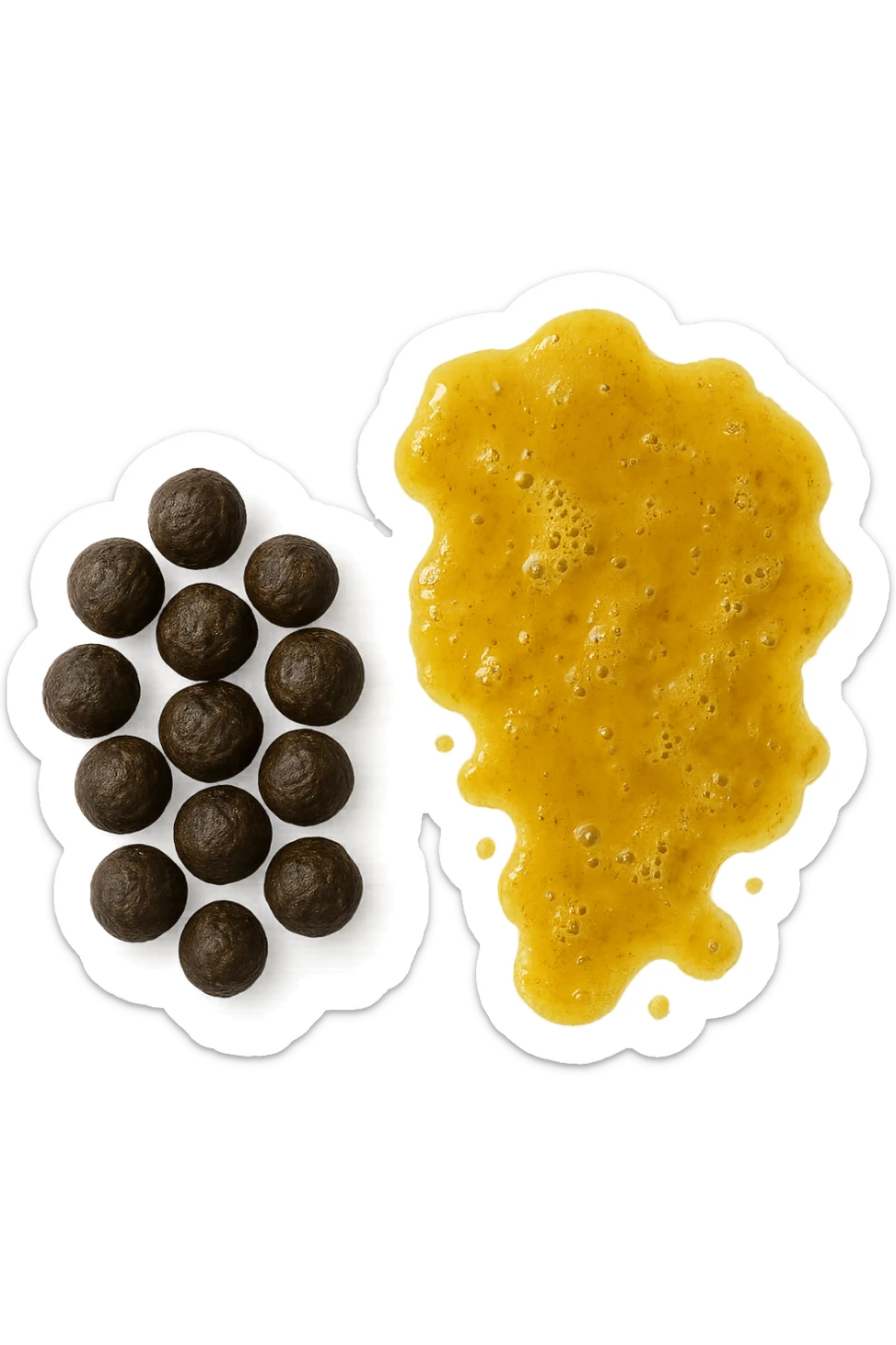 feci di animale a palline viste dall'alto e feci di animale liquide e gialline viste dall'alto, iperrealistico 4k sticker