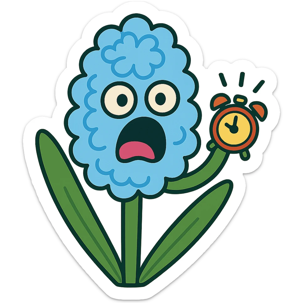 pastel blue hyacinth flower with alarmed eyes and a screaming mouth, waving a tiny alarm clock, fluffy and round, vibrant toon style sticker