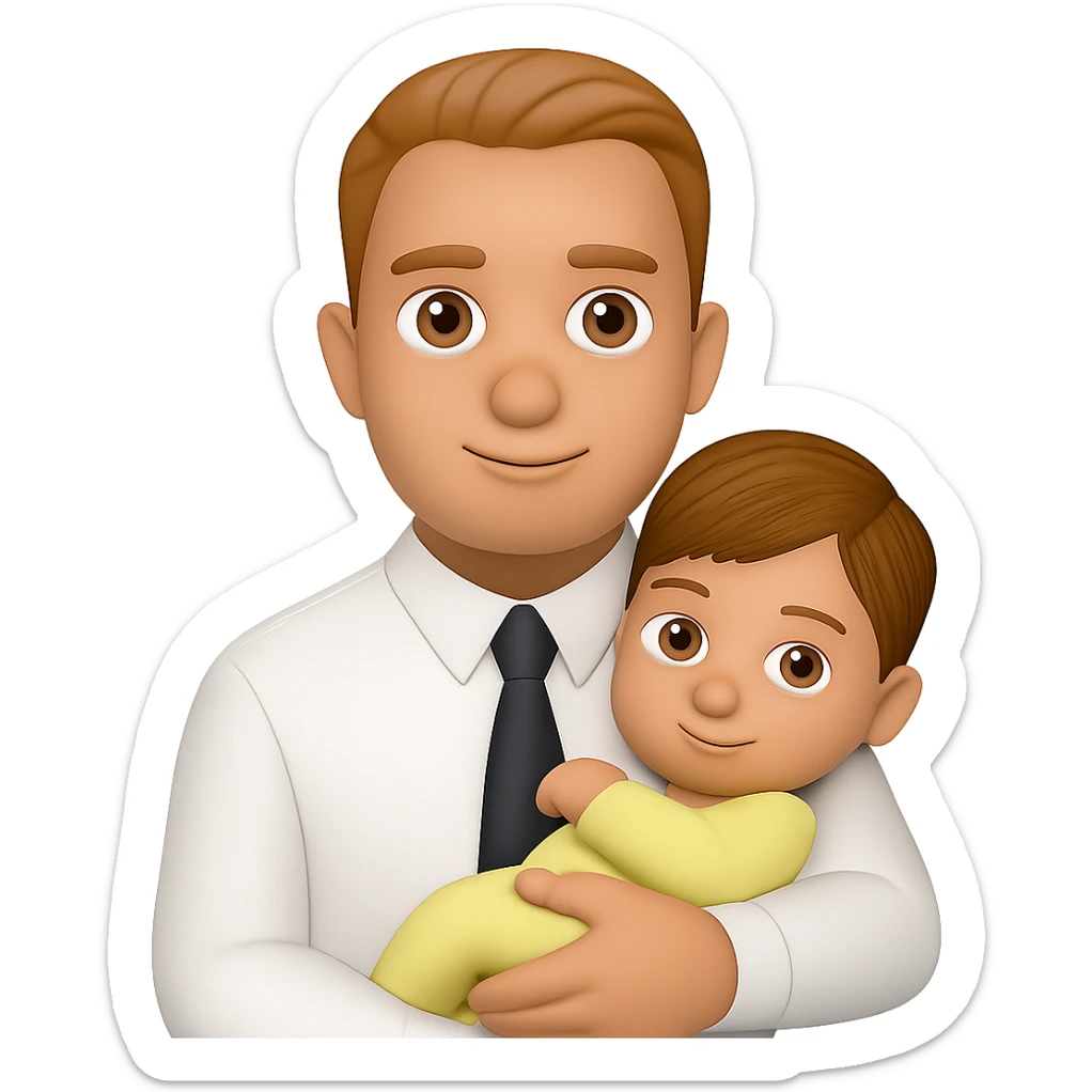 Add hair to the baby in the man's arms, keeping the same style. The style is a simple, clean illustration with a transparent background. Preserve the original look and feel while adding the hair detail. sticker