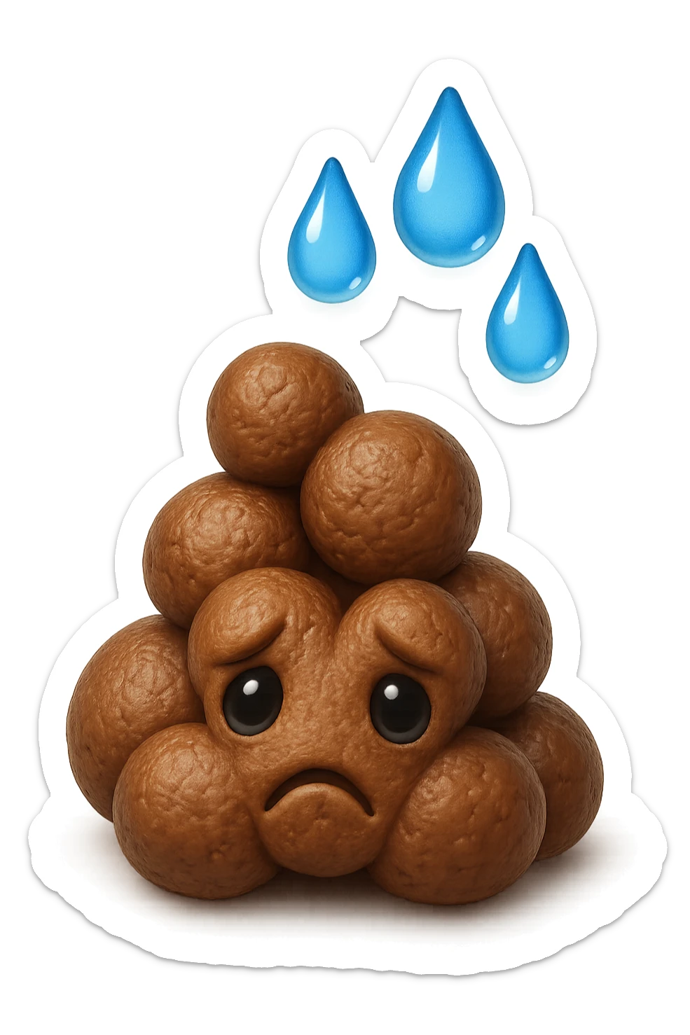 emoji stile iphone di una montagnetta di feci umane realistiche a palline tristi con sopra un simbolo delle gocce di acqua, iperrealistico 4k sticker