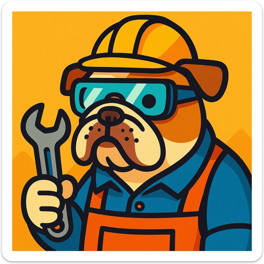 English Bulldog as a mechanical engineer, with safety glasses and a wrench, playful style sticker