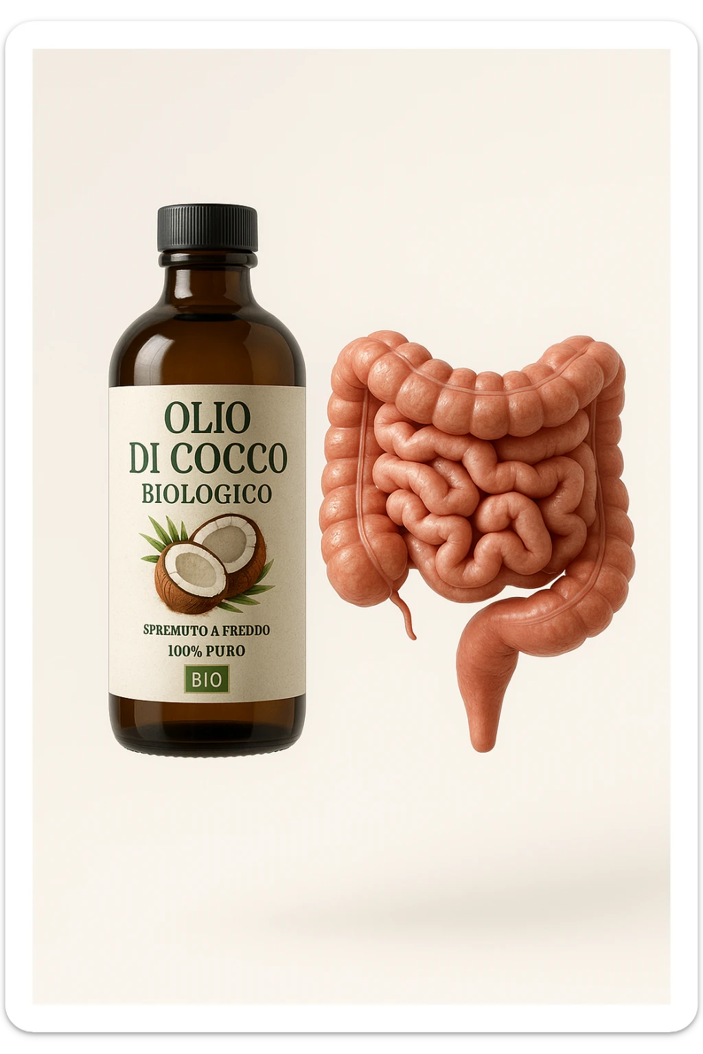 BOCCETTA DI OLIO DI COCCO BIOLOGICO (FAI UN ETICHETTA SUL PRODOTTO IN ITALIANO) CHE FLUTTUA IN ARIA INSIEME A UN INTESTINO UMANO ANATOMICO IN PERFETTA SALUTE, SFONDO CHIARO, iperrealistico 4k sticker