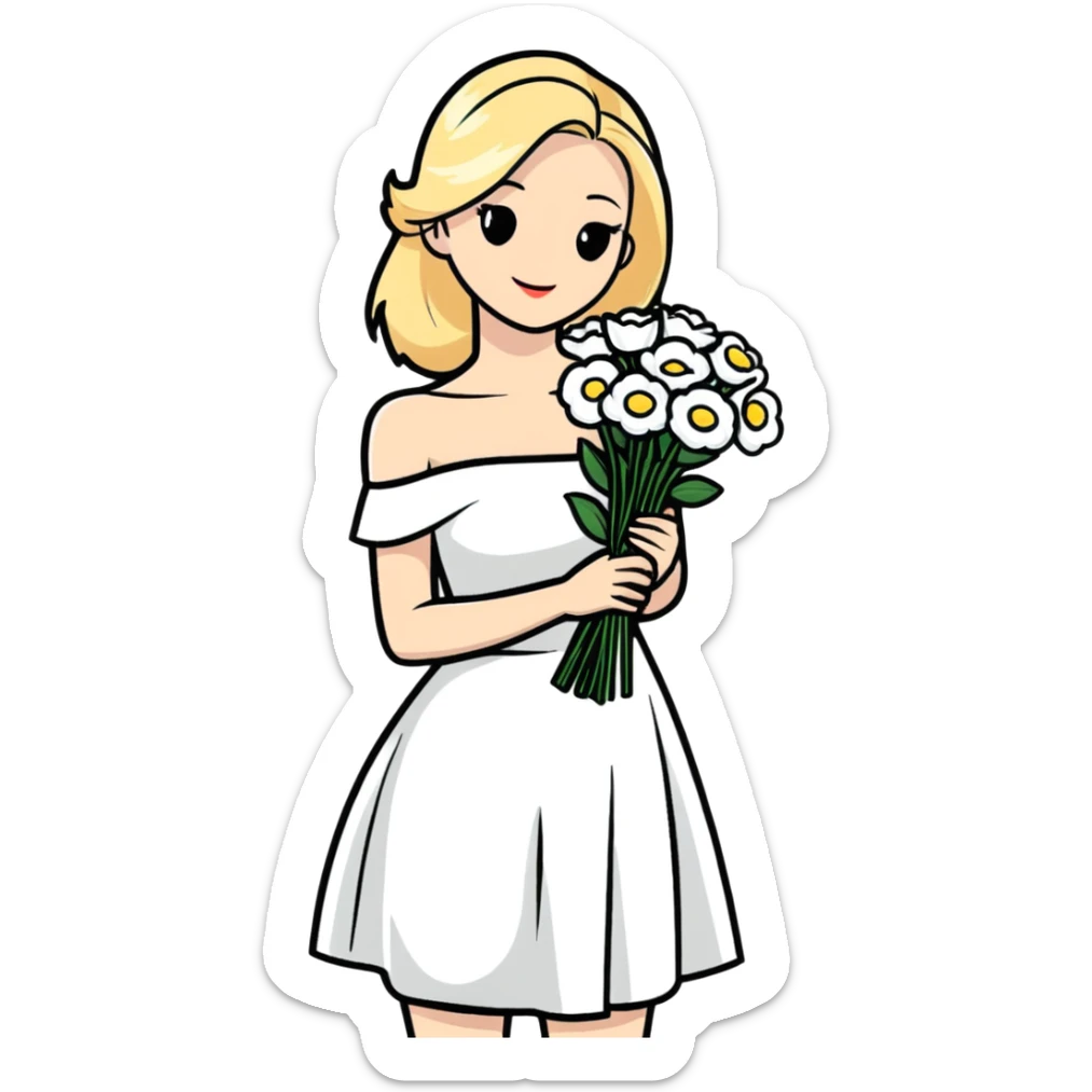 blonde woman in a white off-shoulder dress with a bouquet of white flowers sticker