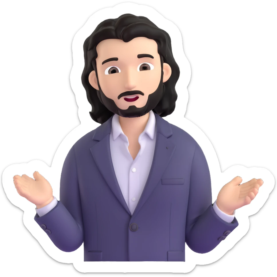 Professional portrait of a business strategist with black wavy hair, stubble, chiseled face, wearing blazer and button-up shirt, confident engaging expression, speaking pose, suitable for keynote speaker profile sticker