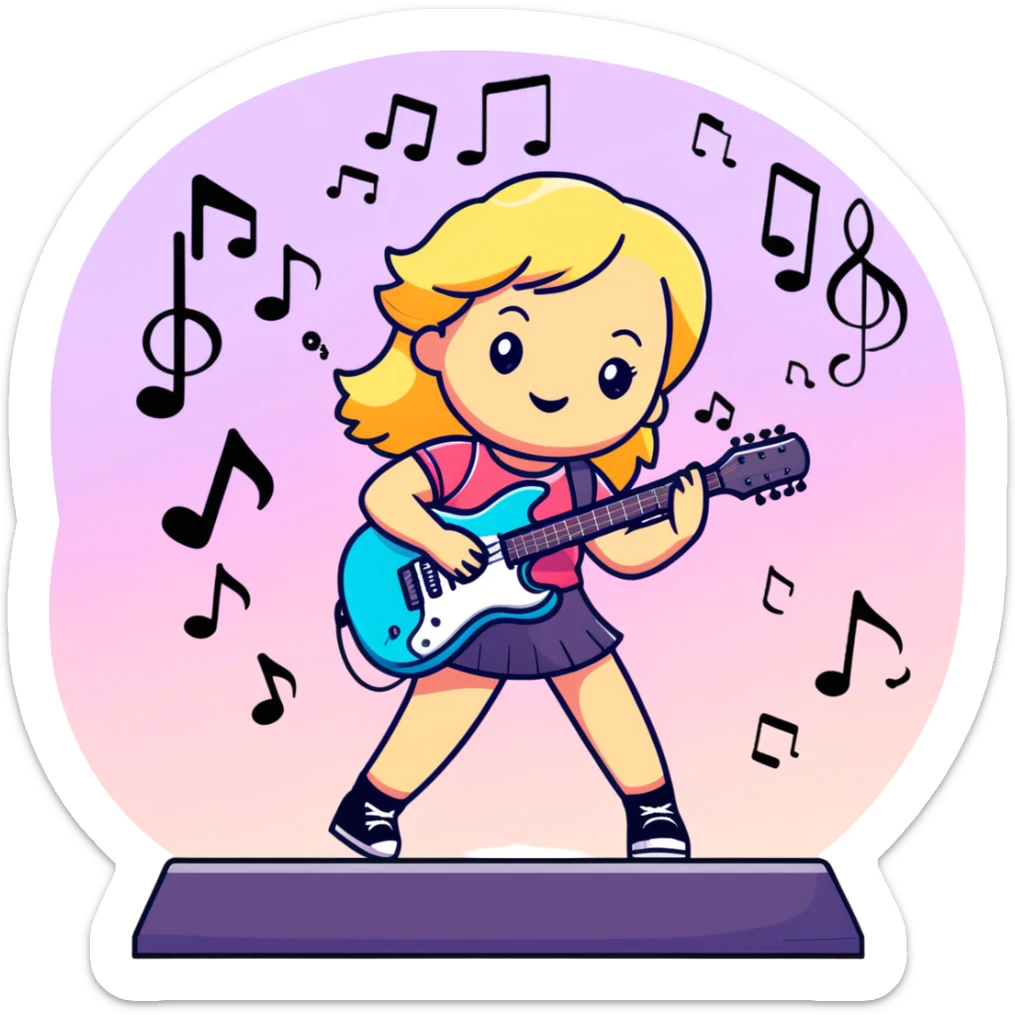 cute blonde girl playing guitar on a stage, music notes floating, colorful lights sticker