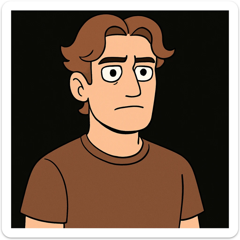male character with wavy hair parted in the middle, brown eyes, firm straight jaw, slightly medium nose, wearing a brown t-shirt on a black background sticker