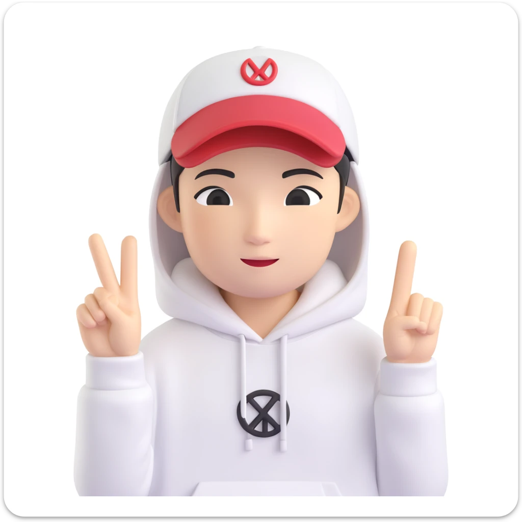 memoji-style Chinese American character for a profile photo, wearing a hoodie and a baseball cap, making a peace sign, white background sticker