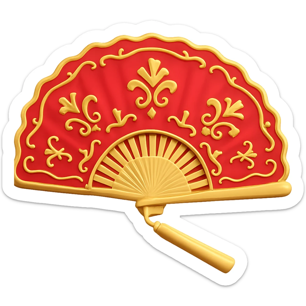 Add gold details to the red hand fan in the style of microsoft 3D fluent emojis. Keep the 3D emoji style with no background. sticker