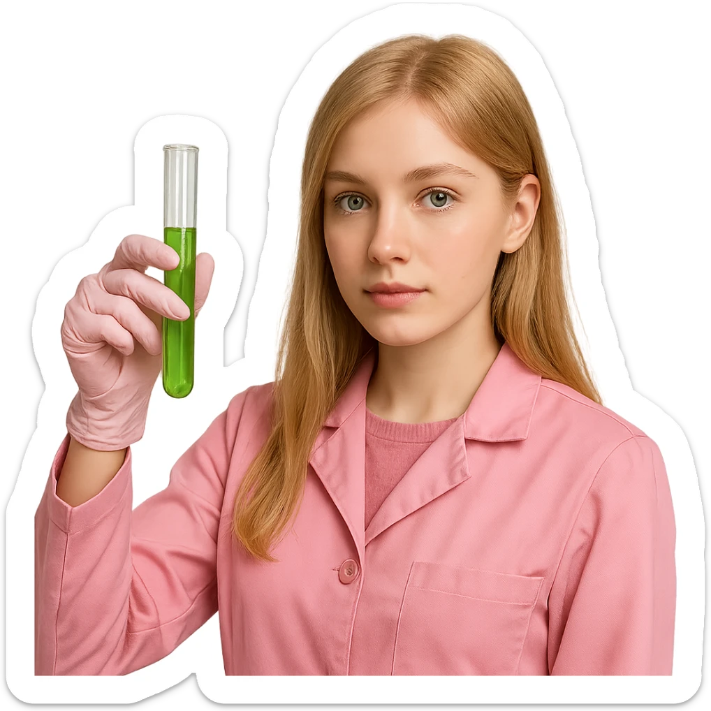 blonde girl with green-grey eyes, dressed in pink clothes, holding a test tube, chemist style sticker