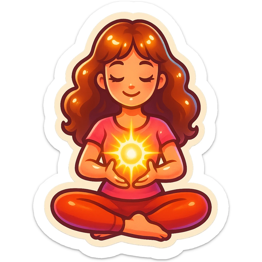 detailed, cute, feminine girl in lotus pose holding glowing energy, retro stickers style with shadows and highlights, transparent background sticker