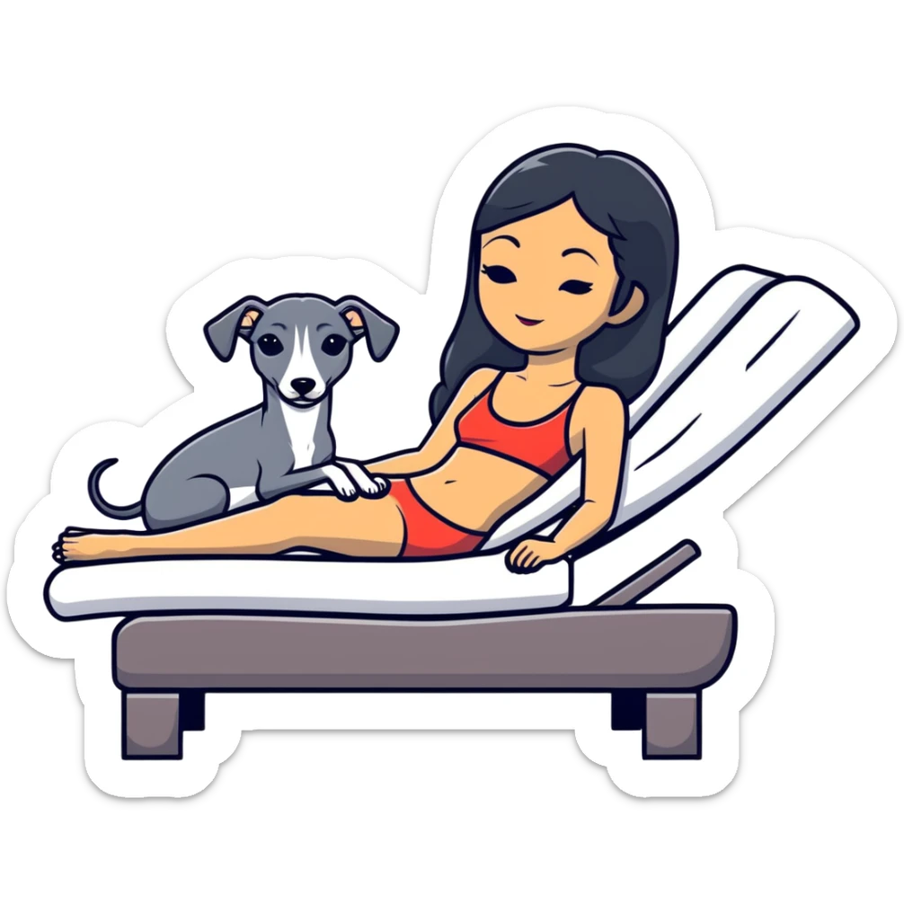 Very thin Chinese woman with long black hair relaxing on a spa lounger with exactly ONE Italian greyhound. CRITICAL REQUIREMENT: the dog must be ONE SOLID DARK CHARCOAL GREY COLOR from nose to tail with NO WHITE or LIGHT AREAS anywhere - NO white face, NO white muzzle, NO white chest, NO white paws, NO white tail tip - NOTHING BUT A SINGLE SHADE OF DARK GREY throughout the entire animal sticker