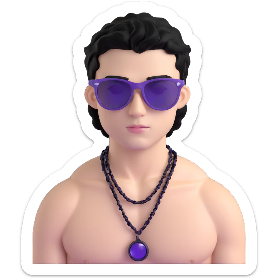 shirtless male athlete with white skin and moderately curly black hair on top with shaved sides, wearing purple sunglasses with very dark heavily tinted black lenses that completely hide the eyes, and a plain black chain necklace sticker