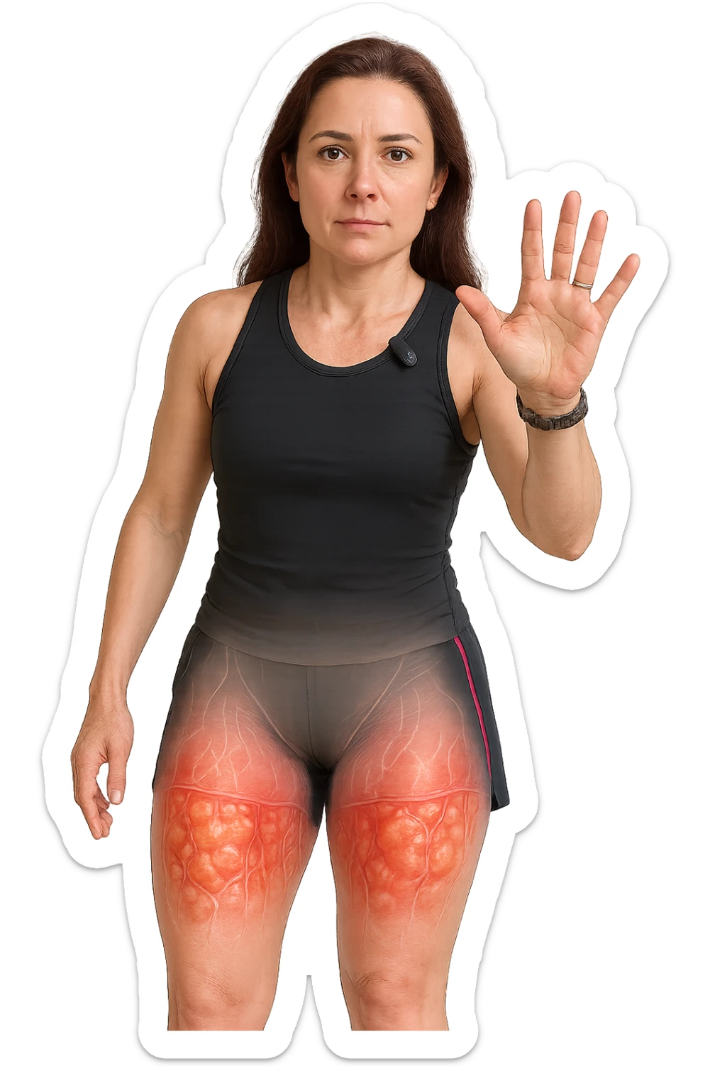 Donna con cellulite sulle cosce indica le cosce che sono infiammate di cellulite sticker