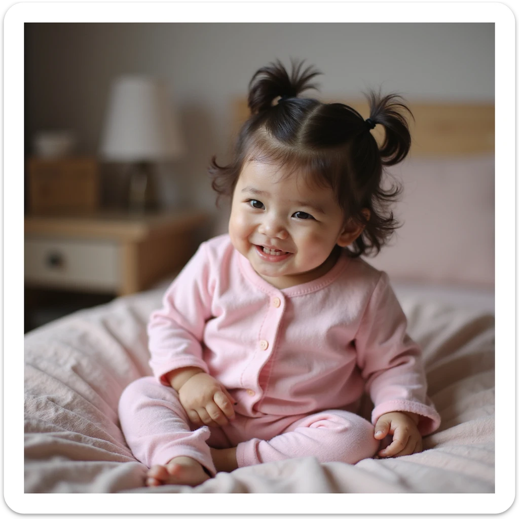 a child in pink pajamas, cozy and realistic sticker