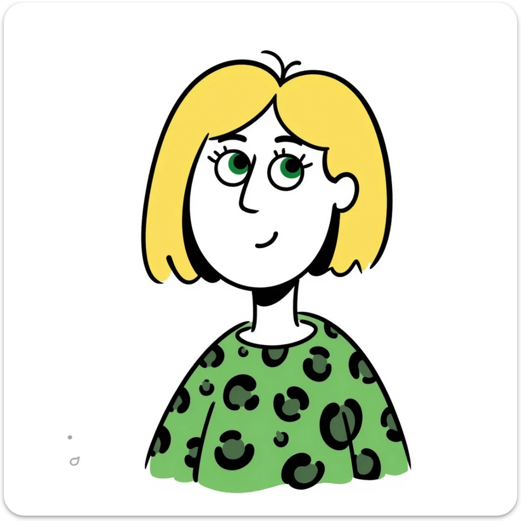 A blonde woman with green eyes and a bob haircut, wearing a green leopard print blouse sticker