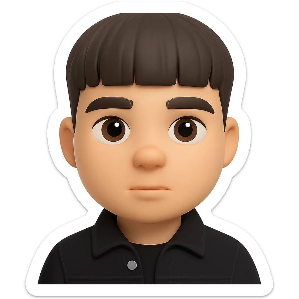 Create a plausible 3D emoji based on the provided photo, preserving facial details but removing pimples and mustache. The character should be wearing a black denim jacket. The style should resemble Microsoft 3D emoji style. Background should be removed. sticker