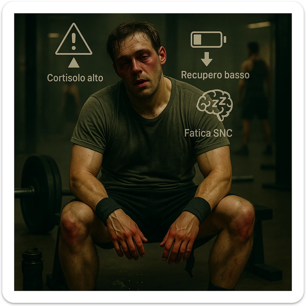 Add floating symbols above the head with Italian text: 'Cortisolo alto', 'Recupero basso', 'Fatica SNC'. The style should be raw cinematic with muted colors and dramatic lighting. The symbols must be clear and legible. sticker