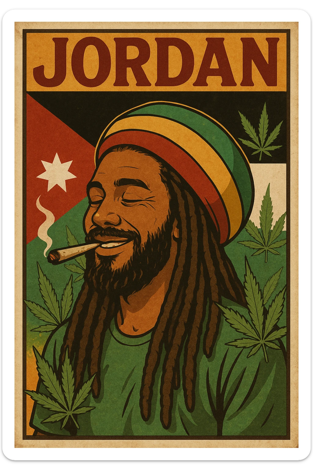 A digital vintage-style poster illustration of a Jordanian Rasta man with dreadlocks, wearing a red, yellow, green striped tam hat. He is smiling peacefully with a lit herbal spliff in his mouth. The background features the official Jordan flag — black, white, green horizontal stripes with a red triangle and a white 7-point star — accurately displayed behind him. Cannabis leaves are tastefully arranged around the composition, and the poster includes Rasta color textures blended with the Jordanian palette. Use a retro poster style with warm, slightly aged textures, bold outlines, and soft shading to evoke a soulful reggae vibe that honors both Jordanian pride and Rasta spirit. The mood is chill, powerful, and respectful sticker